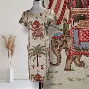 Vintage 90s Elephant Tapestry Print Midi Dress Size 8 Beaded Cotton India